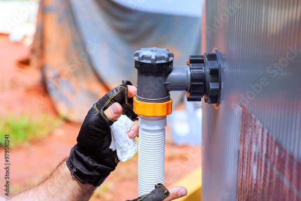 Fototapeta An employee of an environmental maintenance company installs water filtration system, chlorination system for swimming pool frame