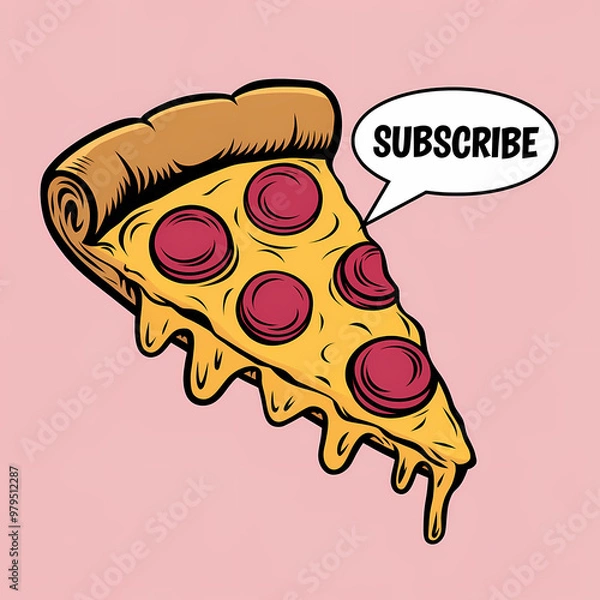 Fototapeta A subscribe button shaped like a giant slice of pizza, comic illustration