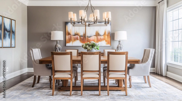 Fototapeta A formal dining room with an antique wooden table and chairs, mixed with modern design elements such as a contemporary light fixture and stylish, abstract artwork