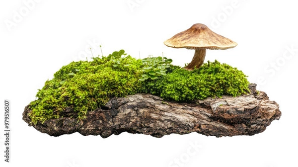 Fototapeta A close-up of fresh mushrooms with brown caps growing on green moss in a forest during autumn