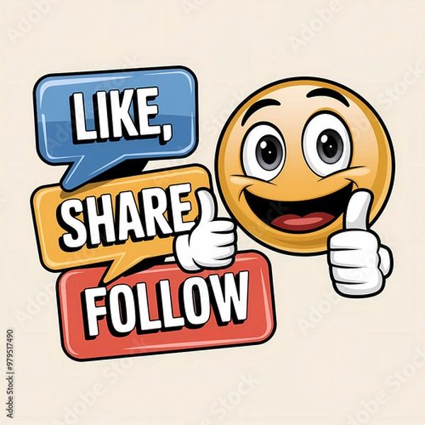 Fototapeta A thumbs-up emoji giving a double thumbs-up next to “Like, Share, Follow” signs, cartoon illustration