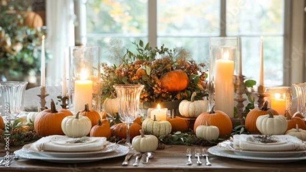 Fototapeta Autumnal Table Setting with Pumpkins and Candles