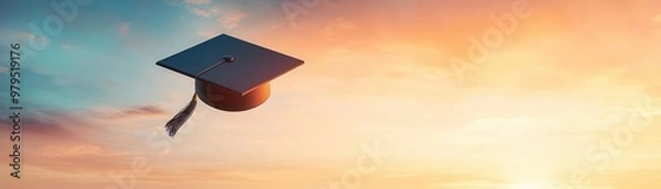 Fototapeta Digital cap flying through a virtual university sky, celebration scene, 3D illustration