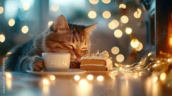 Fototapeta A cozy and magical evening featuring a cat sitting by the fireplace, savoring a slice of cake under twinkling fairy lights, celebrating its special birthday with warmth and joy.