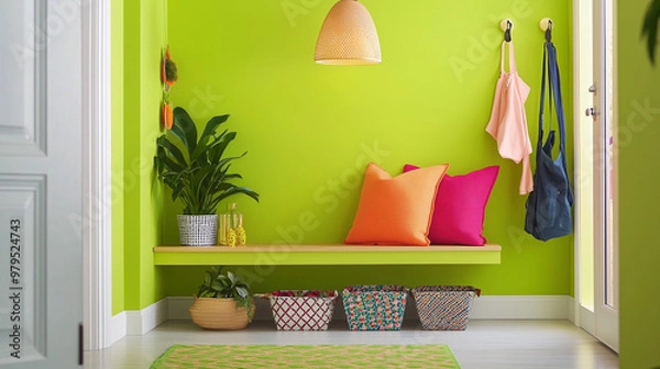 Fototapeta A lively entryway with lime green walls, a hanging light fixture, a vibrant doormat, and a bench with patterned storage baskets underneath