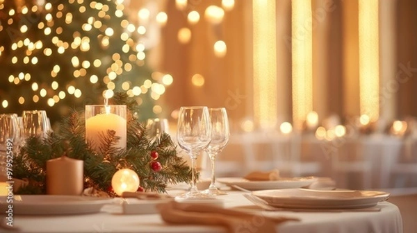 Fototapeta Christmas ceremony reception in a grand hall with a towering decorated tree, festive tablescapes, and warm lighting