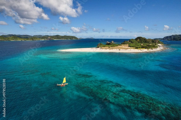 Fototapeta Beautiful islands and traditional boat of Okinawa in Japan