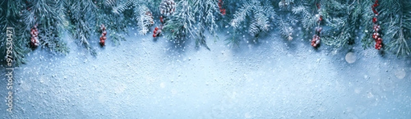 Fototapeta Fir tree branches in snow close up. Christmas and winter concept. 