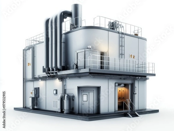 Fototapeta Industrial building featuring pipes and a robust structure, ideal for showcasing engineering and manufacturing concepts.