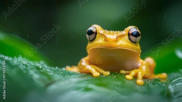 Fototapeta  A tight shot of a frog perched on a wet leaf against a verdant backdrop, with dewdrops reflecting light on its eyes