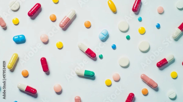 Fototapeta Colorful pills and capsules against a plain white backdrop.