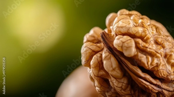 Fototapeta  A tight shot of a hand holding a whole walnut in its left hand Background softly out of focus