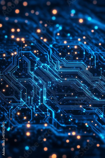 Obraz A close up of a circuit board with many small orange and blue dots
