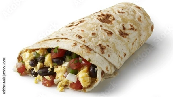 Fototapeta A breakfast burrito made with almond milk scrambled eggs, black beans, cheese, and salsa