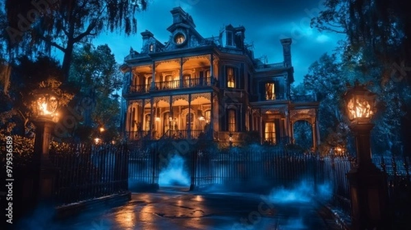 Fototapeta Haunted Mansion Tours with Spooky Storytelling, an eerie exploration of a mysterious estate, featuring shadowy corridors, flickering candles, and ghostly tales that captivate visitors.