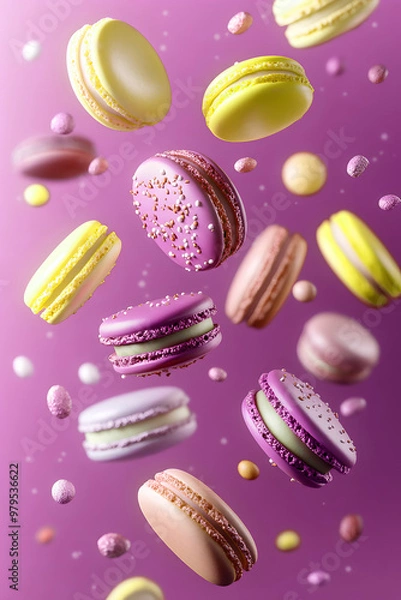 Fototapeta hovering macaroons, bright, violet background, 