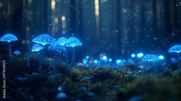 Fototapeta Glowing blue mushrooms in a dark forest at night, with a starry sky and glowing plants on a mossy ground