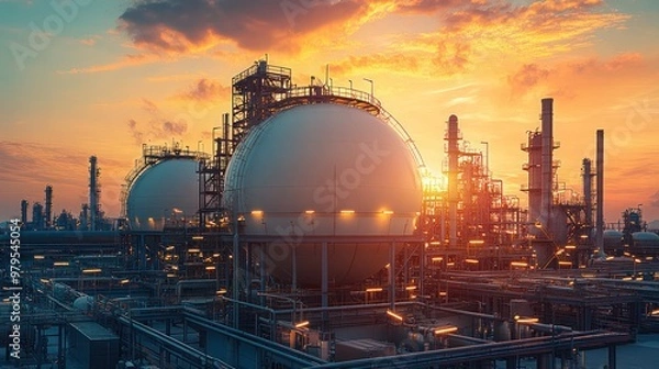 Fototapeta industrial area oil and gas LPG refinery plants and stores pipeline, Liquefied natural gas plant, Territory of the LNG factory, Landscape of oil refinery industrial area.
