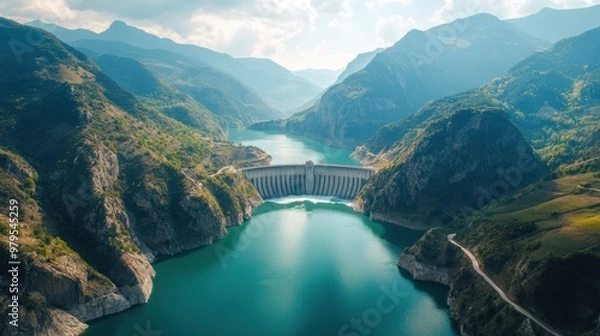 Fototapeta Aerial view of a vast hydroelectric dam nestled between two mountain ranges, with water flowing beneath it.