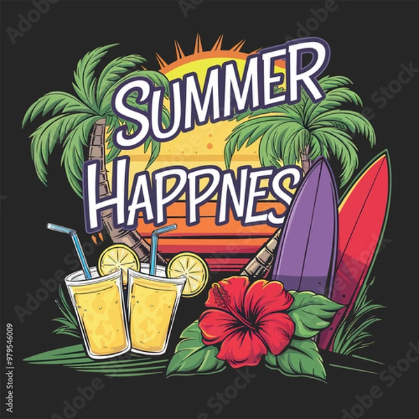 Fototapeta 2d vector illustration t-shirt design with lettering "beach" with flag element and beach summer vector t shirt design
