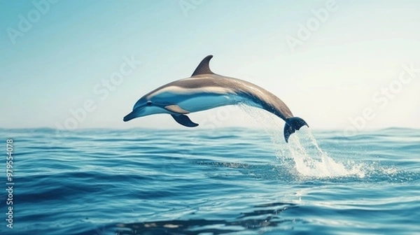 Fototapeta A playful dolphin leaping out of the water against a backdrop of a clear blue sky, capturing its joyful nature.
