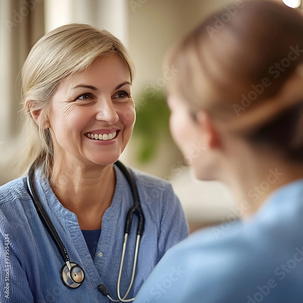 Fototapeta A nurse smiles warmly while talking casually with a colleague or patient, fostering a friendly and supportive atmosphere in a healthcare setting.
