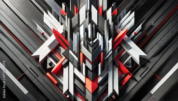 Obraz Geometric abstract design with sharp, angular lines and shapes in black, red, and white, creating a futuristic and industrial aesthetic