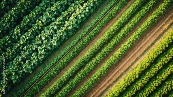 Fototapeta Aerial view of a large-scale farm with neatly arranged rows of crops.