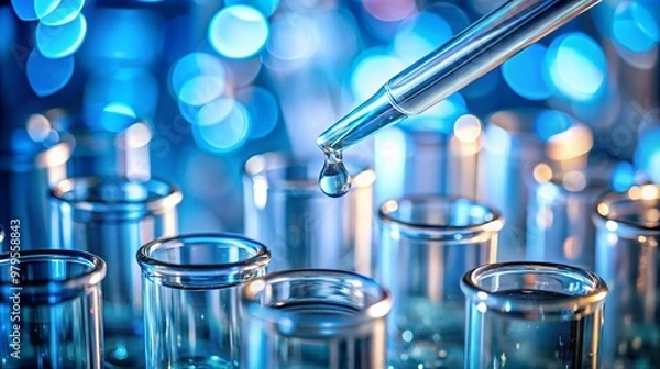Fototapeta a close up image of a pipette delivering a clear liquid into a row of aligned test tubes in a laboratory the background is filled with a beautiful blue bokeh effect