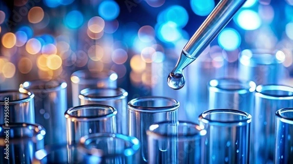 Fototapeta Vibrant and colorful close-up of laboratory test tubes with a liquid dropper Represents a scientific experiment conducted possibly in a medical or chemical laboratory setting