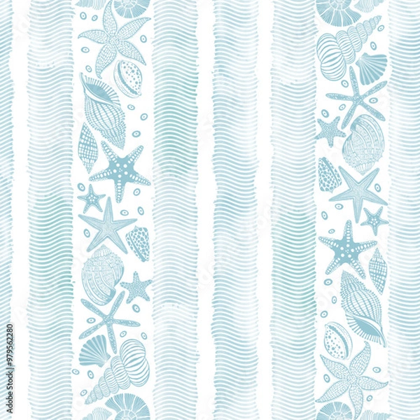 Fototapeta  Seamless background with , shells, nautilus and starfish on blue watercolor stripes. Abstract marine background. Vector. Perfect for design templates, wallpaper, wrapping,fabric, print and textile. 