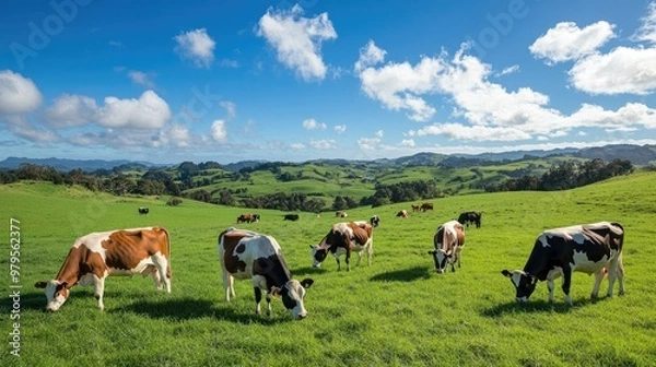 Fototapeta Cows grazing in a lush pasture under a bright blue sky on an organic farm.