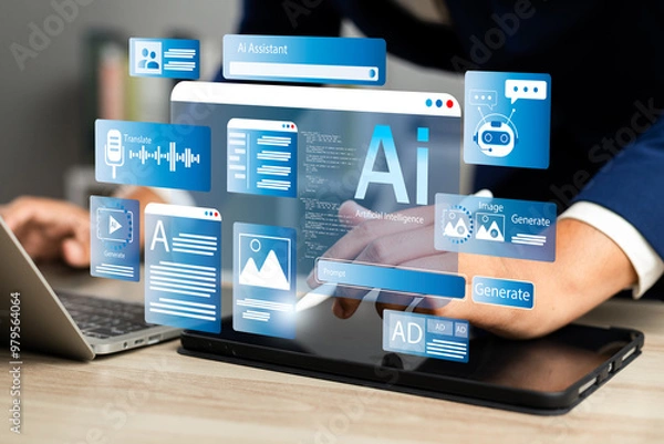 Fototapeta Ai, Artificial intelligence, Man uses laptop  to access artificial intelligence tools for content Creation, Chatbots, Image generation, Coding, Translation, and Digital advertising solutions