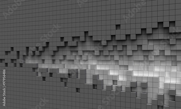 Fototapeta Abstract torn wall or ruined mosaic puzzle surface made of cubes - as well as a form resembling a comet or sound wave or embroidery pattern