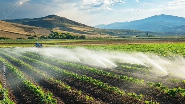 Fototapeta Modern irrigation system watering a large field of crops in a dry region.