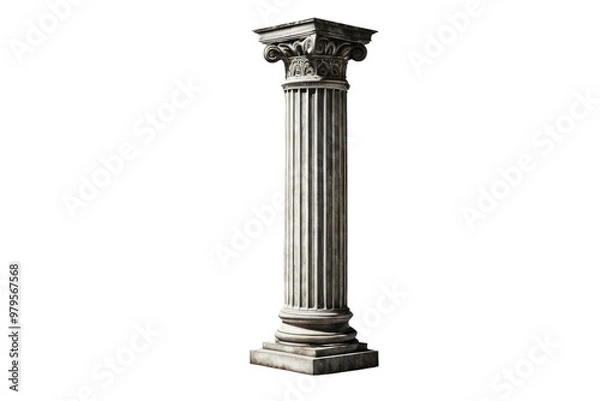 Obraz Antique pillar, vintage style, full body, centered and isolated, stark white background, high-quality stock photo, distinct texture details, shadows providing depth, soft lighting, realistic