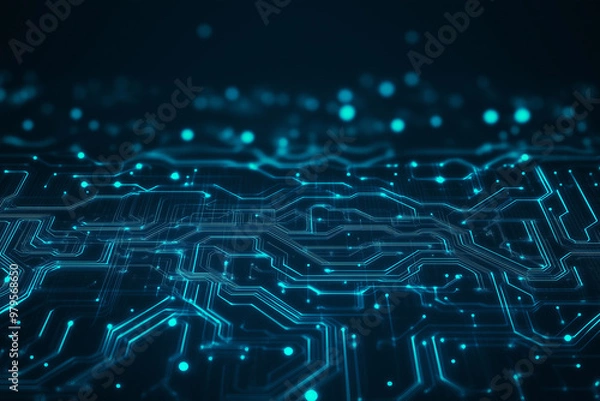 Fototapeta A close up of a circuit board with many small orange and blue dots