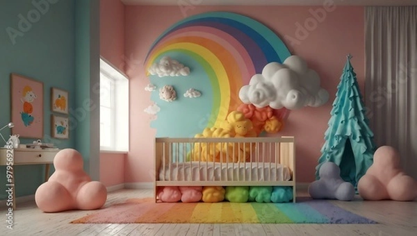 Fototapeta Colorful pastel clouds and rainbow in a baby room, 3D rendering.