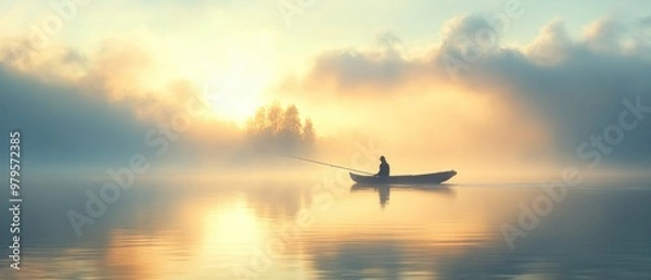 Fototapeta Japanese fisherman navigating through calm waters at dawn, with gentle mist and the early light creating a peaceful and reflective fishing experience