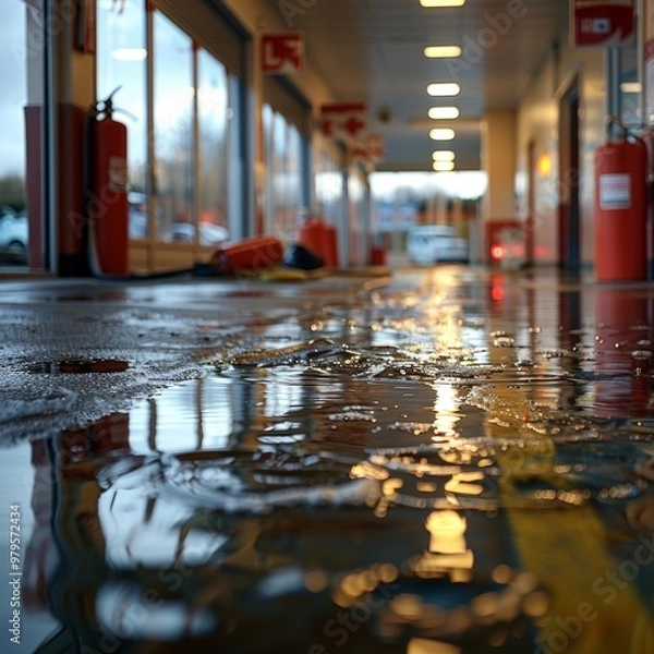 Fototapeta Flooded Hallway After Emergency Fire Response in Commercial Building
