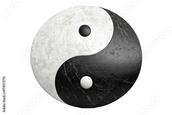Fototapeta Realistic yin yang symbol, full body, centered, isolated against a pristine white background, conveys balance, contrast of dark and light elements, mimicking natural opposites