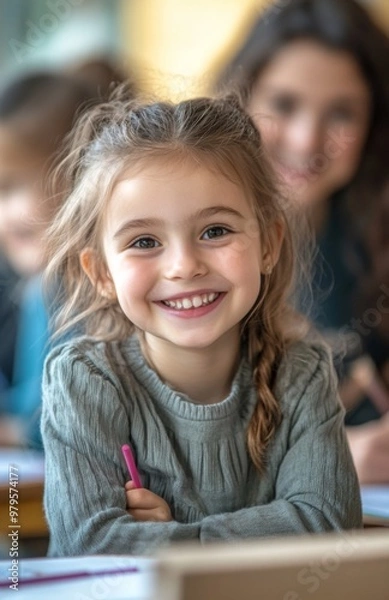 Fototapeta Happy girl drawing with friends in the classroom, teacher smiling and observing their work