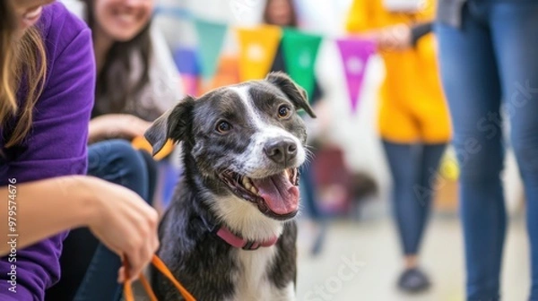 Fototapeta Person interacting with a playful dog at a pet adoption event filled with colorful banners and enthusiastic pet lovers