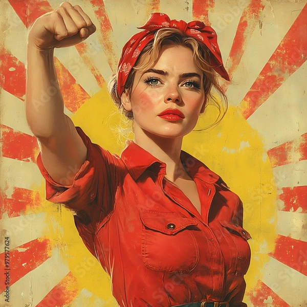 Fototapeta A woman with a confident expression, wearing a red bandana and shirt, stands with her fist raised in a powerful pose against a vintage red and yellow striped background.