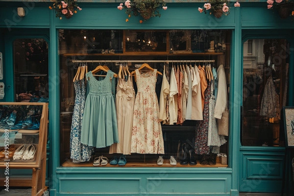 Fototapeta Vintage clothing store with dresses and fashion items displayed in a charming, teal-painted window, adorned with floral decorations.