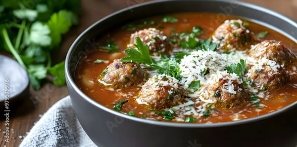 Fototapeta Meatball Soup with Parsley and Parmesan