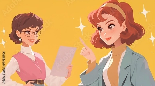 Fototapeta Two Cartoon Illustrations of Women in Anime Style: One with Pink Top Holding Paper and Smiling, the Other in Blue Jacket Pointing to Stars, Minimalist Design with Copy Space

