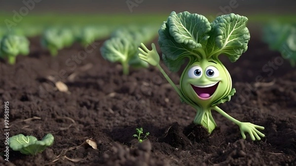 Obraz A tiny cabbage sprout just emerging from the ground, with little leafy arms reaching up to the sky. She has wide, innocent eyes and a huge smile as she celebrates her new growth.