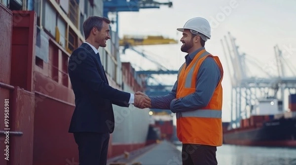Fototapeta Businessman and dock worker handshake