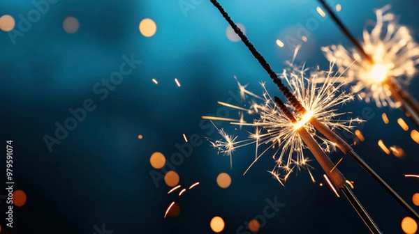 Obraz Close-up of sparklers ignited in the dark, emitting bright sparks and bokeh light effects against a blurred blue background.